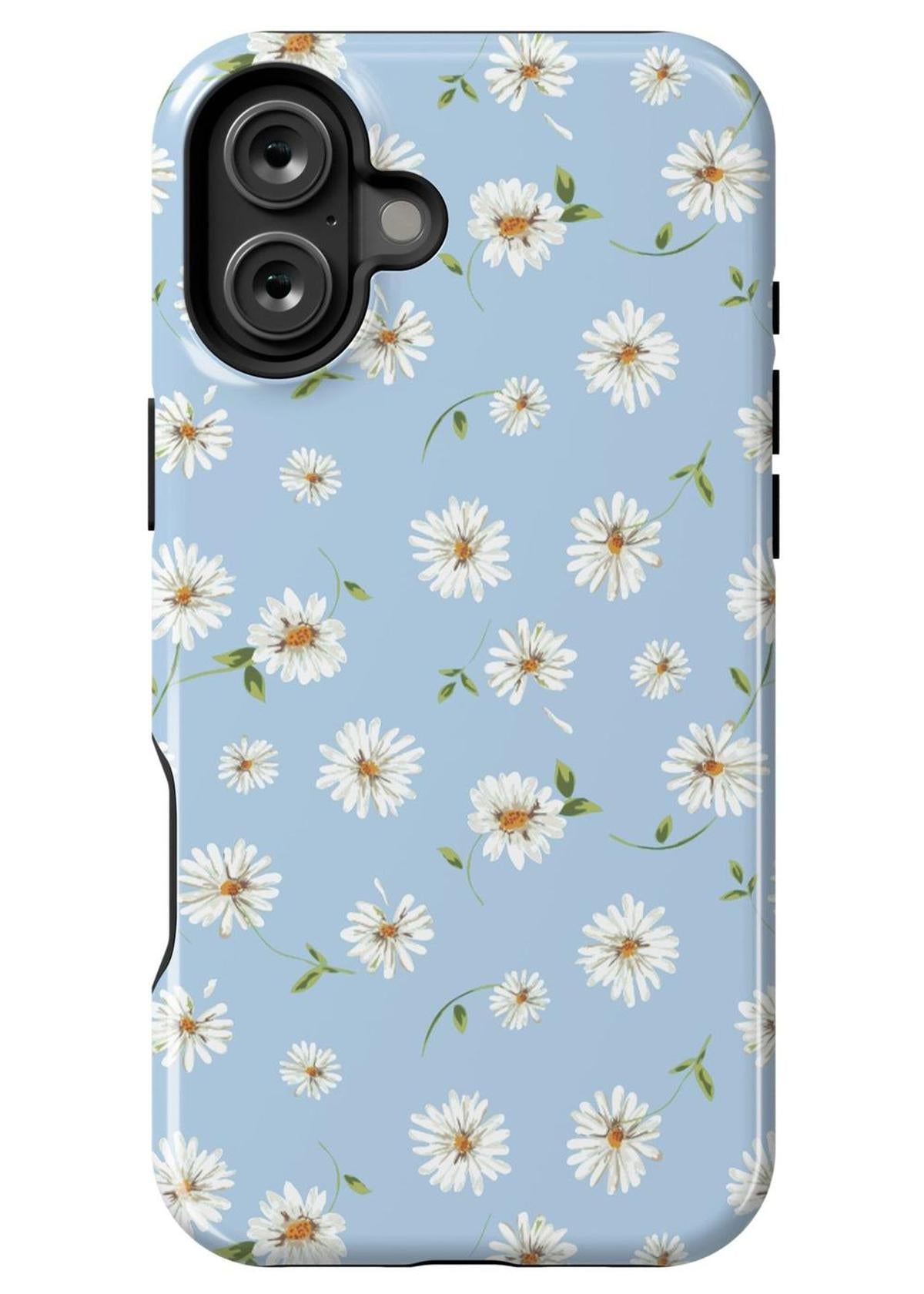Phone case with white daisy pattern on a blue background